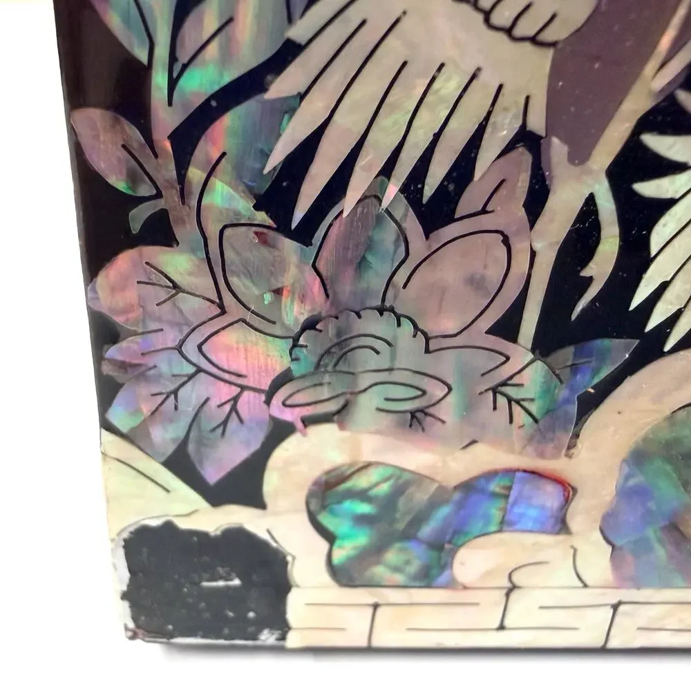 Vintage Asian Mother of Pearl Black Laquer Wood Jewelry Box Hinged AS IS